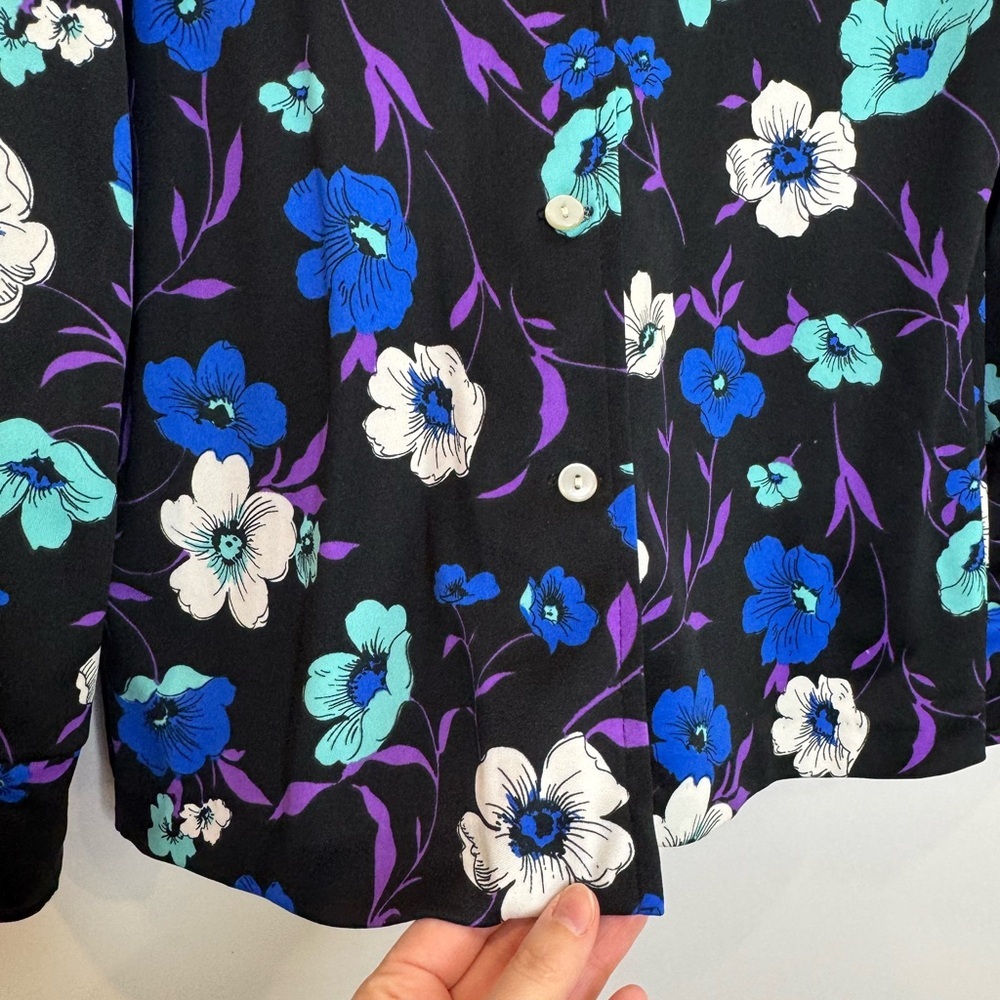 Vintage vibrant Floral Black Blue 70's dagger collar Shirt - Picture 6 of 9